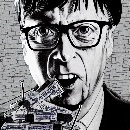 Image similar to bill gates full body portrait, piles of syringes behind him, body horror, by junji ito and francis bacon, hunter s thompson feeling of grimdark, sharp focus, fiction, hyper detailed, digital art, trending in artstation, cinematic lighting, studio quality, smooth render, unreal engine 5