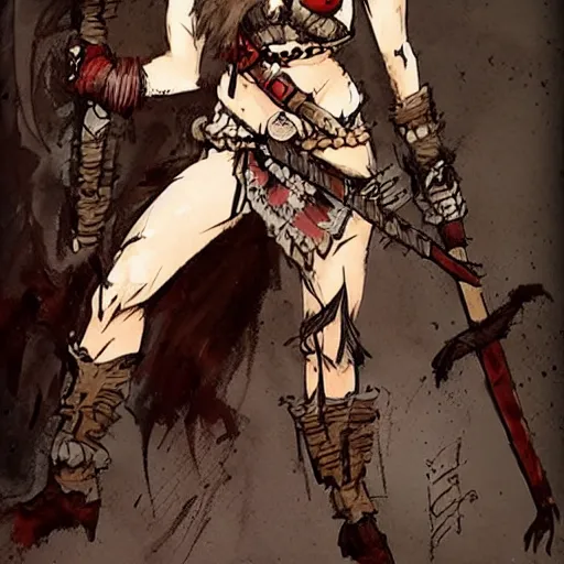 Image similar to very beautiful female barbarian, looking fierce, perfect face, perfect body drawn by ashley wood