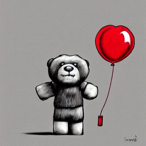 Prompt: surrealism grunge cartoon portrait sketch of a teddy bear with a wide smile and a red balloon by - michael karcz, loony toons style, minecraft style, horror theme, detailed, elegant, intricate