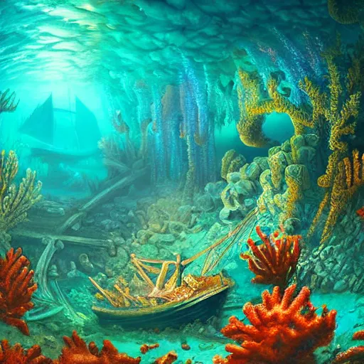 Prompt: treasure hidden under the coral in the ocean shipwreck, beautiful composition, wide angle, colorful, cinematic, volumetric lighting, intricate details painting