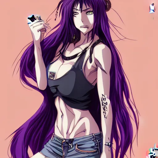 Image similar to style of madhouse studio anime, black lagoon manga, loish, artgerm, comic art, portrait of revy from black lagoon, symmetrical eyes and symmetrical face, jean shorts, white tank top, purple hair, sarcastic evil smirk on face, sky and ocean background