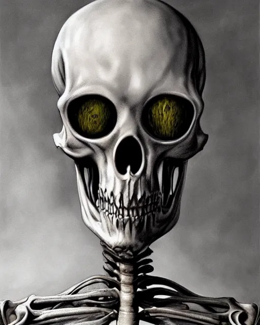 Image similar to Haunting horrifying hyperrealistic detailed painting of a tall slim surreal extraterrestrial creature made of skeleton bones covered in thick black blood, heavy metal, metal album cover, disgusting, creepy, unsettling, and bloodshot eyeballs, hyper detailed, trending on Artstation