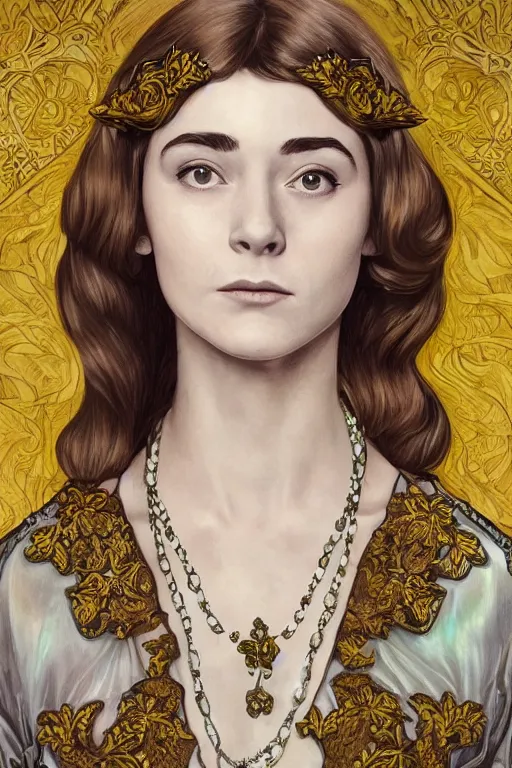 Image similar to a full body art nouveau portrait of a 16-year old girl who resembles Audrey Hepburn and Saoirse Ronan with a worried, intense gaze and slightly opened mouth, wearing sheer silks and ornate intricate iridescent mother-of-pearl jewelry, intricate, elegant, highly detailed, digital painting, artstation, concept art, smooth, sharp focus, illustration, art by John William Waterhouse and Bouguereau and Donato Giancola and alphonse mucha