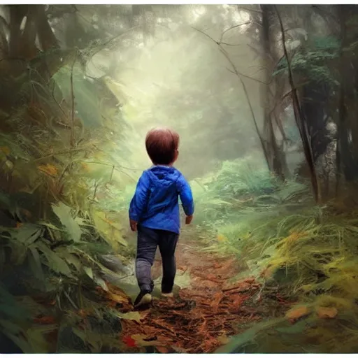 Image similar to toddler hiking in the woods, digital art by ruan jia and mandy jurgens and artgerm, highly detailed, trending on artstation, award winning