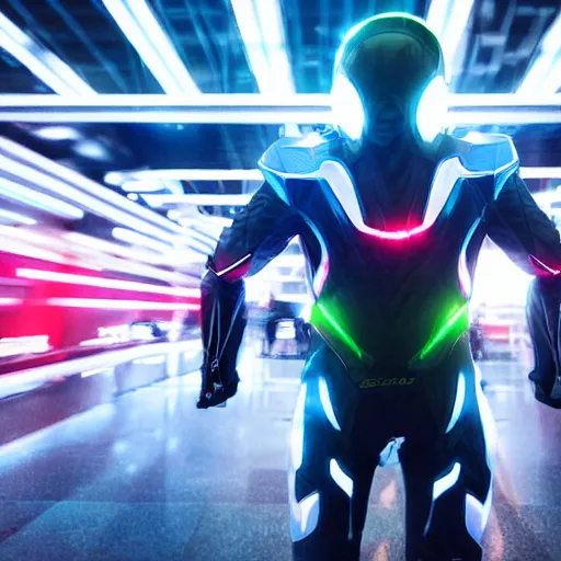 Image similar to speed, diverse fast cybersuits, from behind, motion blur, bokeh, wide wide angle, vivid, elaborate, highly detailed, beautiful lighting