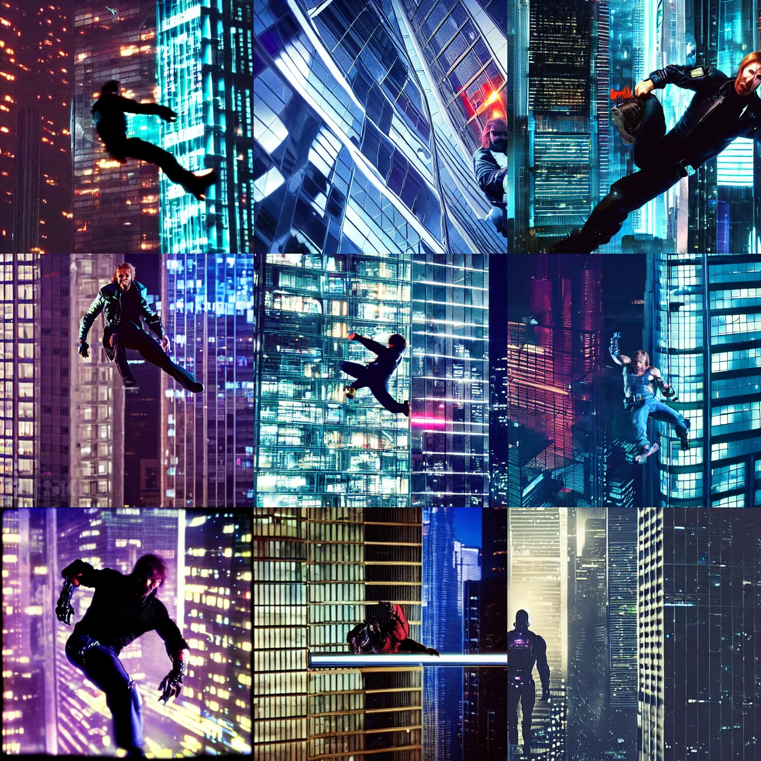 Prompt: a real photograph of cyberpunk chuck norris sliding down a sleek glass building at night.