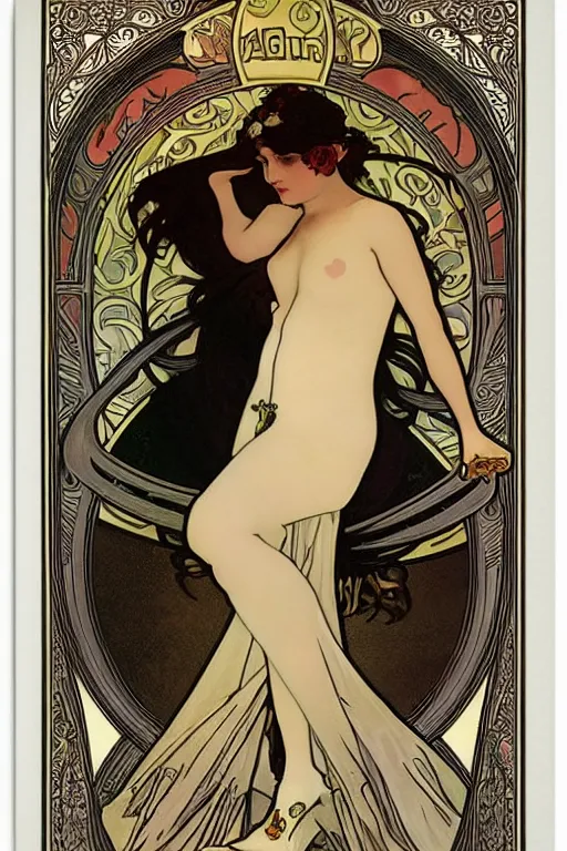 Image similar to a cute goth girl by Alphonse Mucha, art nouveau, card, 8k