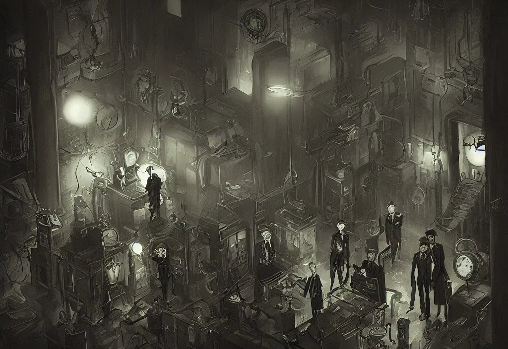 Image similar to dark lovecraftian labaratory 1920s interior, grim lighting, male and female investigators in trenchcoats aiming at unspeakable monstrosity, artstation, deviantart, trending