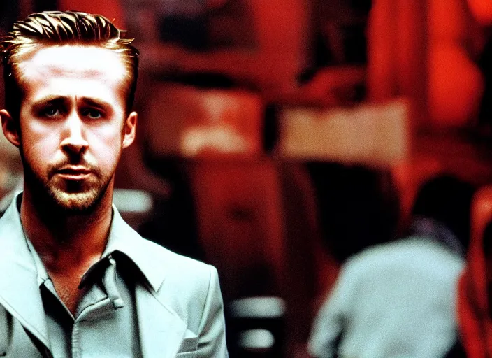 Prompt: film still of Ryan Gosling as Tyler Durden wearing big fur coat in Fight Club 1999