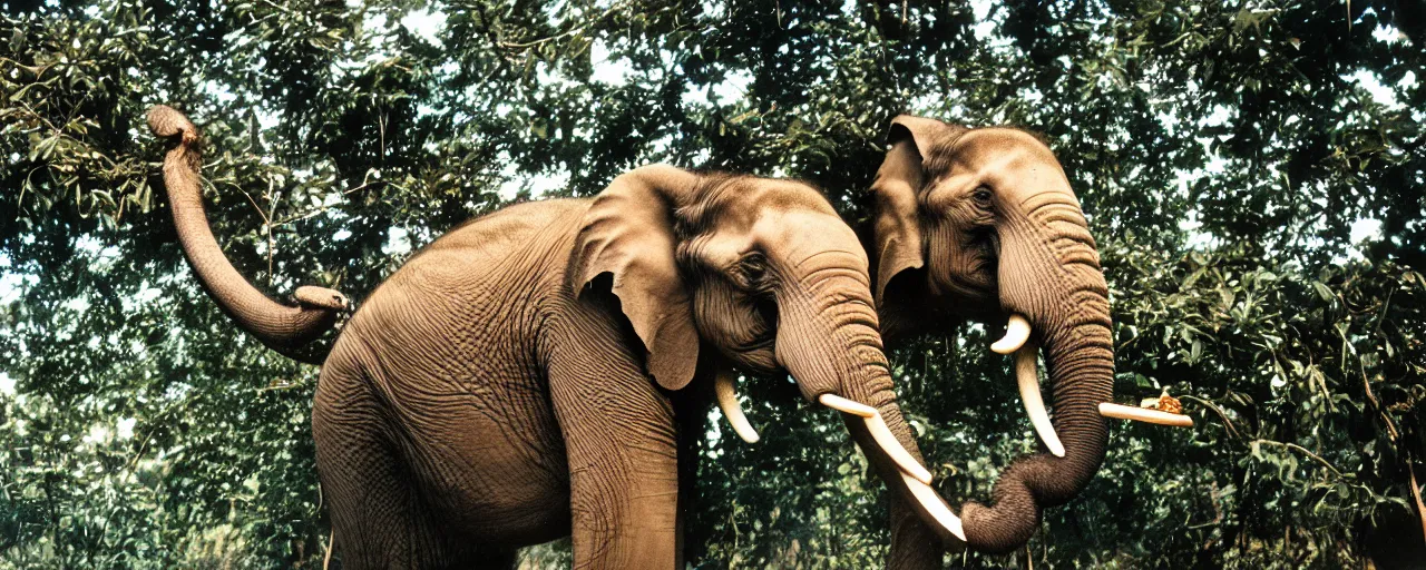 Prompt: an elephant eating spaghetti off a tree, in the style of national geographic, canon 5 0 mm, kodachrome, retro, muted