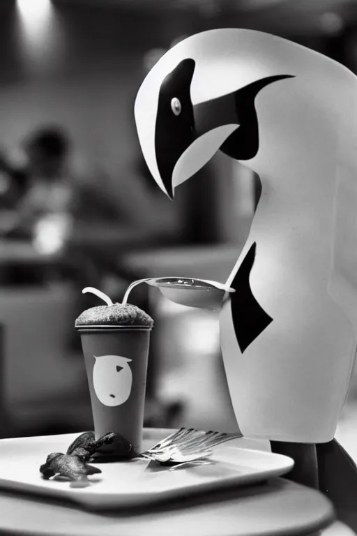 Image similar to an anthropomorphism toucan enjoying a meal at mcdonalds, photo taken in 1 9 6 6, highly detailed photography, 3 5 mm, natural light, bokeh effect