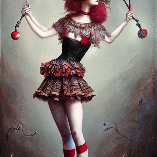 Prompt: artstyle by Tom Bagshaw, ultra realist soft painting of a carnival of curiosities, single beautiful female clown with a top cloth and hotpants, symmetry accurate features, very intricate details, focus, curvy, award winning