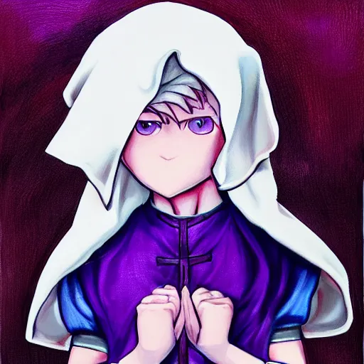 Image similar to little boy wearing nun outfit, blonde hair, blue eyes. purple and black color palate, detailed soft painting, made in abyss art style, inspired in hirohiko araki, anatomically correct