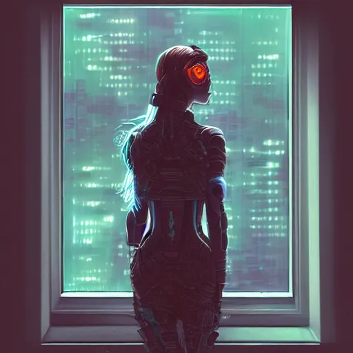 Image similar to portrait of cyberpunk woman looking out of a window, cyberpunk setting, futuristic, highly detailed, intricate lighting, digital painting, sharp focus, illustration, trending on artstation, art by tyler jacobson.