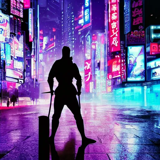 Prompt: silhouette of a samurai on his knees stabbing himself with a katana, blue and purple neon cubes coming out his body, cyberpunk rainy city at night, high quality, high detail, 4K, UHD, torii in the background, trending on ArtStation, blade runner vibes