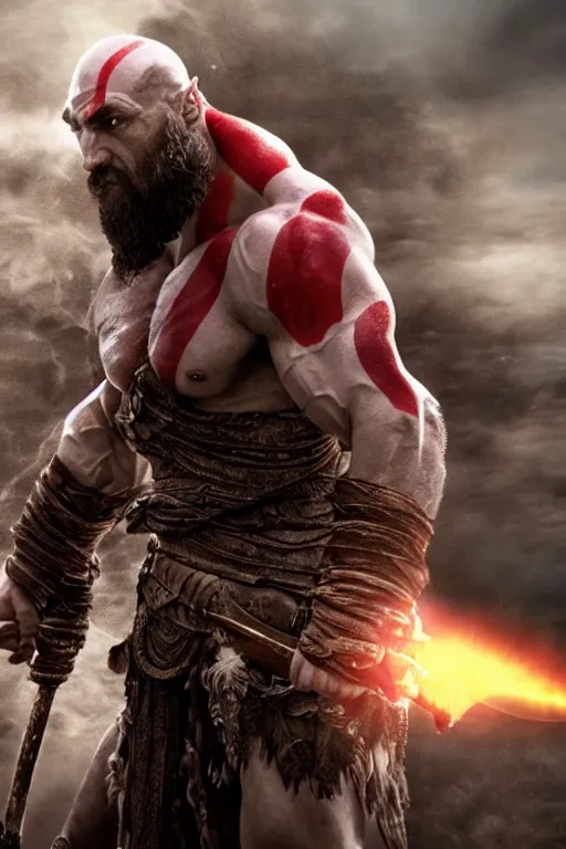 Image similar to film still from god of war, a highly detailed beautiful closeup photo of jason momoa kratos with long windblown wet hair holding a sword and fighting zombies on a pile of human skulls, spartan warrior, olympian god, muscular!,, action pose, ambient lighting, volumetric lighting, octane, fantasy