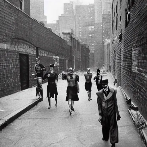 Image similar to 1 9 3 0 s photography of superheroes walking a new york alley