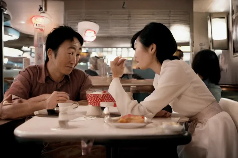 Image similar to movie interior closeup beautiful Japanese couple closeup sitting and talking at 50s diner, night in the city, beautiful skin, by Emmanuel Lubezki