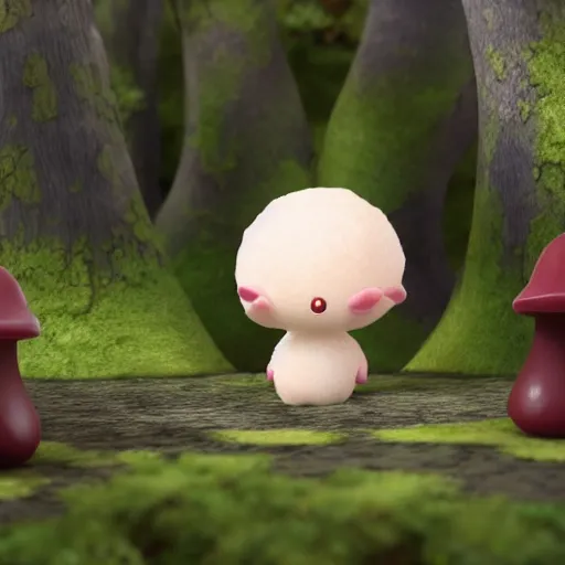 Prompt: a cartoon render of a cute little mochi ball exploring a mushroom forest