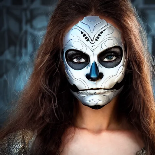 Image similar to A new dark hero for blockbuster movies. A beautiful woman wearing a silver skeletal mask, with an ancients, ultra-detailed pattern. Attractive eyes. A fearless smile. Blurred background. Earrings. Golden