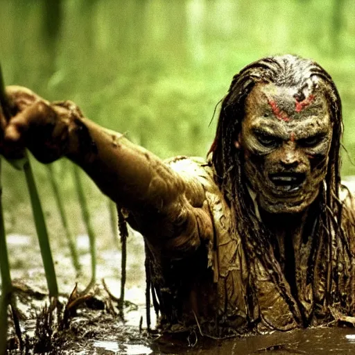 Image similar to film still of viktor orban as major dutch, covered in mud and hiding from the predator predator predator in swamp scene in 1 9 8 7 movie predator, hd, 4 k