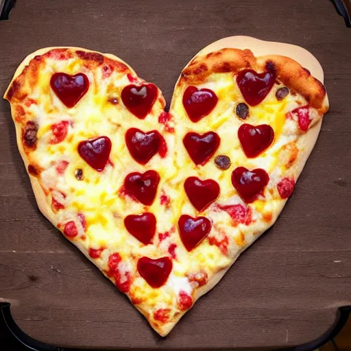 Prompt: heart shaped magerhita pizza with alot of cheese, 4 - 5 cherry tomata served on a wooden plate, ( ( ( no pepperoni ) ) )