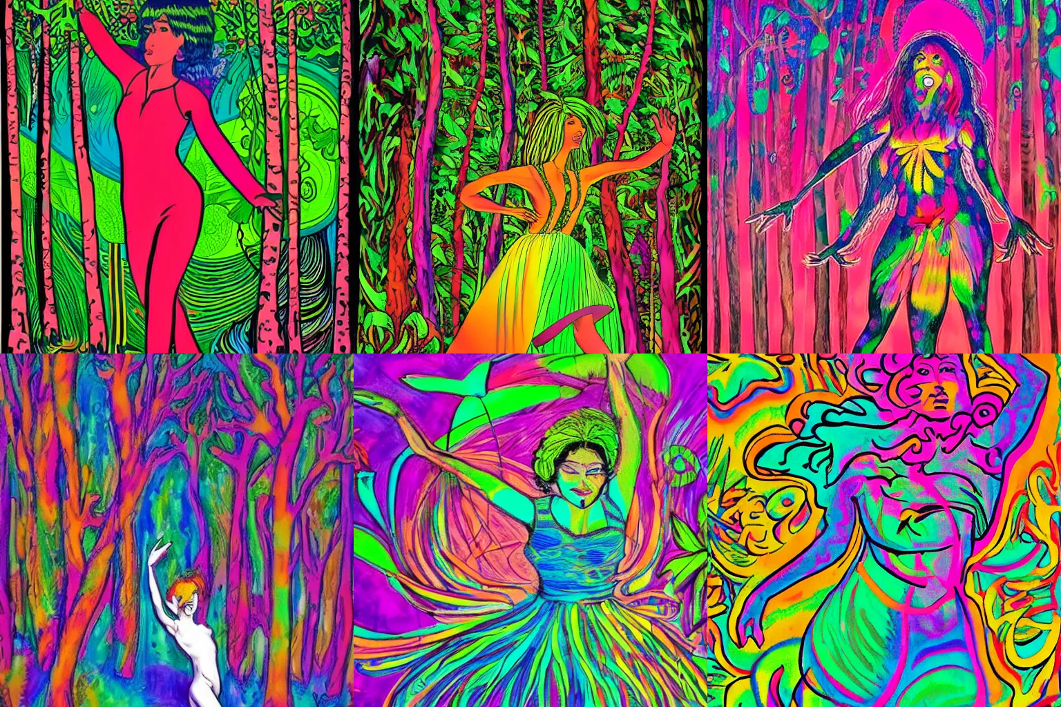 Prompt: 80\'s woman dancing in the forest, psychedelic art style