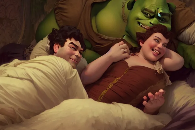 Image similar to pushkin and shrek lying in bed together, portrait, highly detailed, digital painting, artstation, concept art, smooth, sharp focus, illustration, cinematic lighting, art by artgerm and greg rutkowski and alphonse mucha