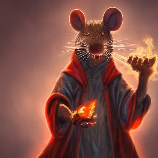 Image similar to painting of a ghostly rat with glowing red eyes, wearing tattered black burlap robes, floating in mist, clutching a blue flame in each hand, anthropomorphic rat, skaven, master splinter, nicodemus, photorealistic, artstation