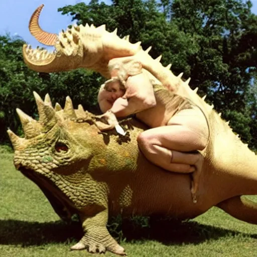 Prompt: mirtha legrand riding a triceratops