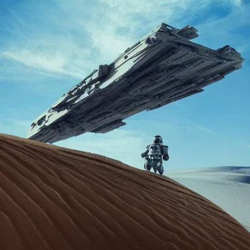 Image similar to paul mccarney just appropriated this star wars desesert planet orhestration and said no this is for my album now album coveR: impossibly huge desert crawler ship, sails at the front