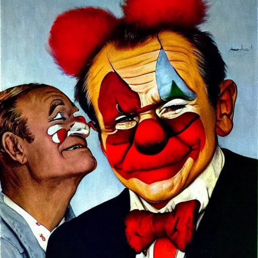 Prompt: Robin Williams wearing clown make up, white face red nose. painted by Norman Rockwell