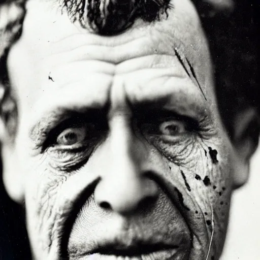 Image similar to close up photo portrait of a 19th century ugly clean-face gangster with scars by Diane Arbus and Louis Daguerre