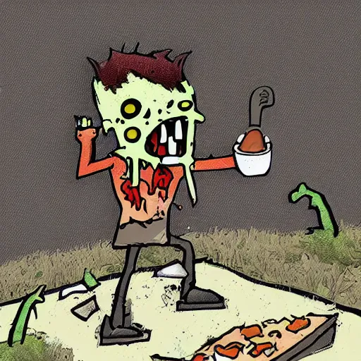 Image similar to a zombie puts out a bowl of soup as a trap for adventurers looking to loot his fake corpse, but they walk right past it and into a pitfall while he laughs at them from behind the bushes, digital art