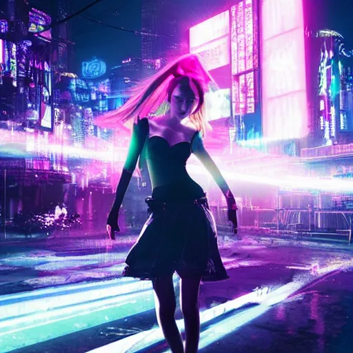 Image similar to a girl like (yoona, Elle Fanning), dancing, background cyberpunk city, kpop, fullshot, photo, volumetric lighting, epic composition, intricate details, dark neon punk, by KDA