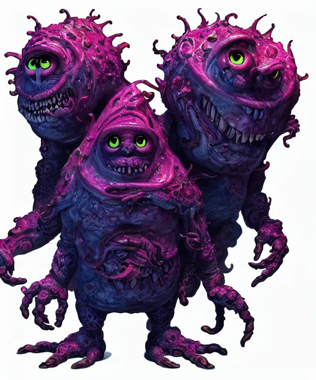 Image similar to a two headed xanathar made of bioluminescence in the art style of monsters inc, crisp 8 k line art, digital painting, artstation, unreal engine, octane render, emissive lighting, concept art, matte, sharp focus, hyper realistic lighting, illustration, deep royal blue and pink color scheme, art by philippe druillet