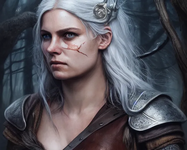 Image similar to 5 5 mm portrait photo of a real life tough looking freya allen as ciri in brown leather armor with silver hair and a large scar along her left cheek, in a magical forest. dark atmosphere. art by greg rutkowski. highly detailed 8 k. intricate. lifelike. soft light. nikon d 8 5 0.