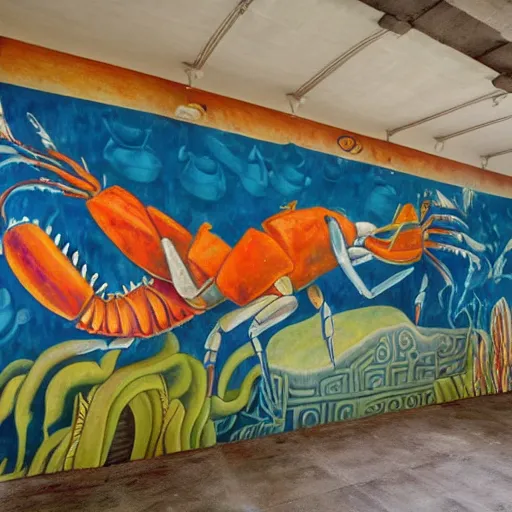 Image similar to mural of a crustacean revolution in the style of diego rivera