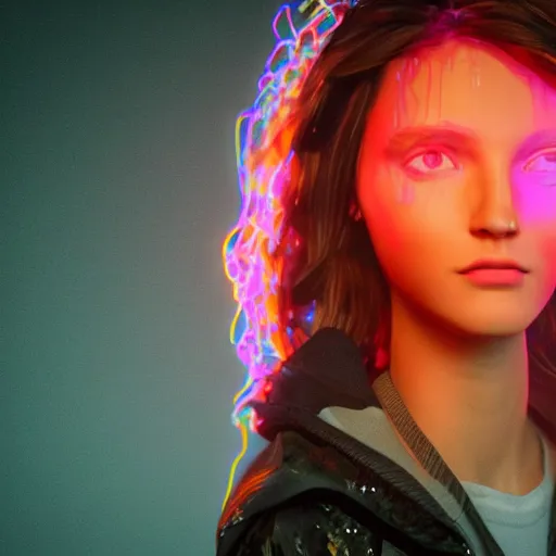 Image similar to human portrait made out of rain, beautiful, neon, epic detail, rendered in octane, unreal engine