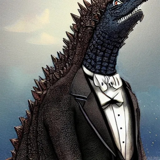 Image similar to Godzilla wearing a tuxedo getting prepared for a wedding, Graceful body structure,cute,Symmetrical face,highly detailed,elegant,Marc Simonetti and Caspar David Friedrich, Trending on artstation