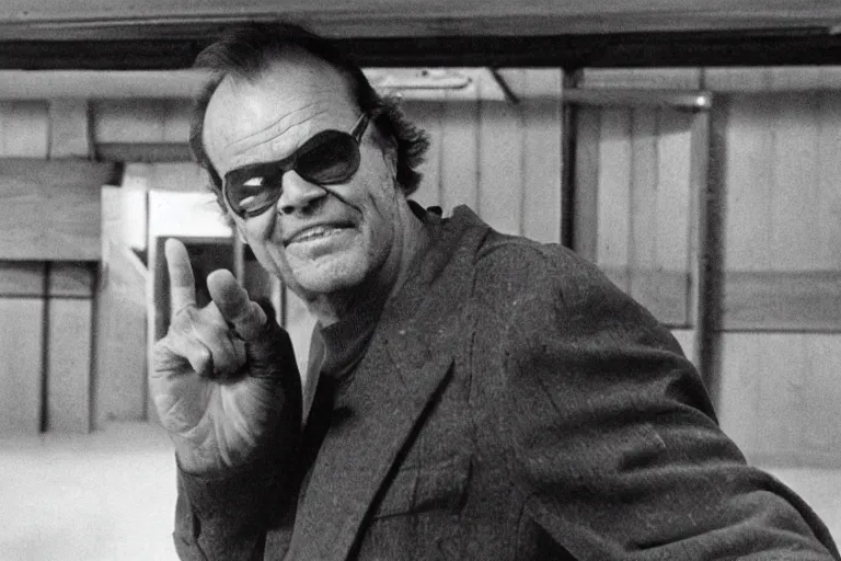 Image similar to Jack Nicholson pointing at the completed Noah's Ark while it's doors are open