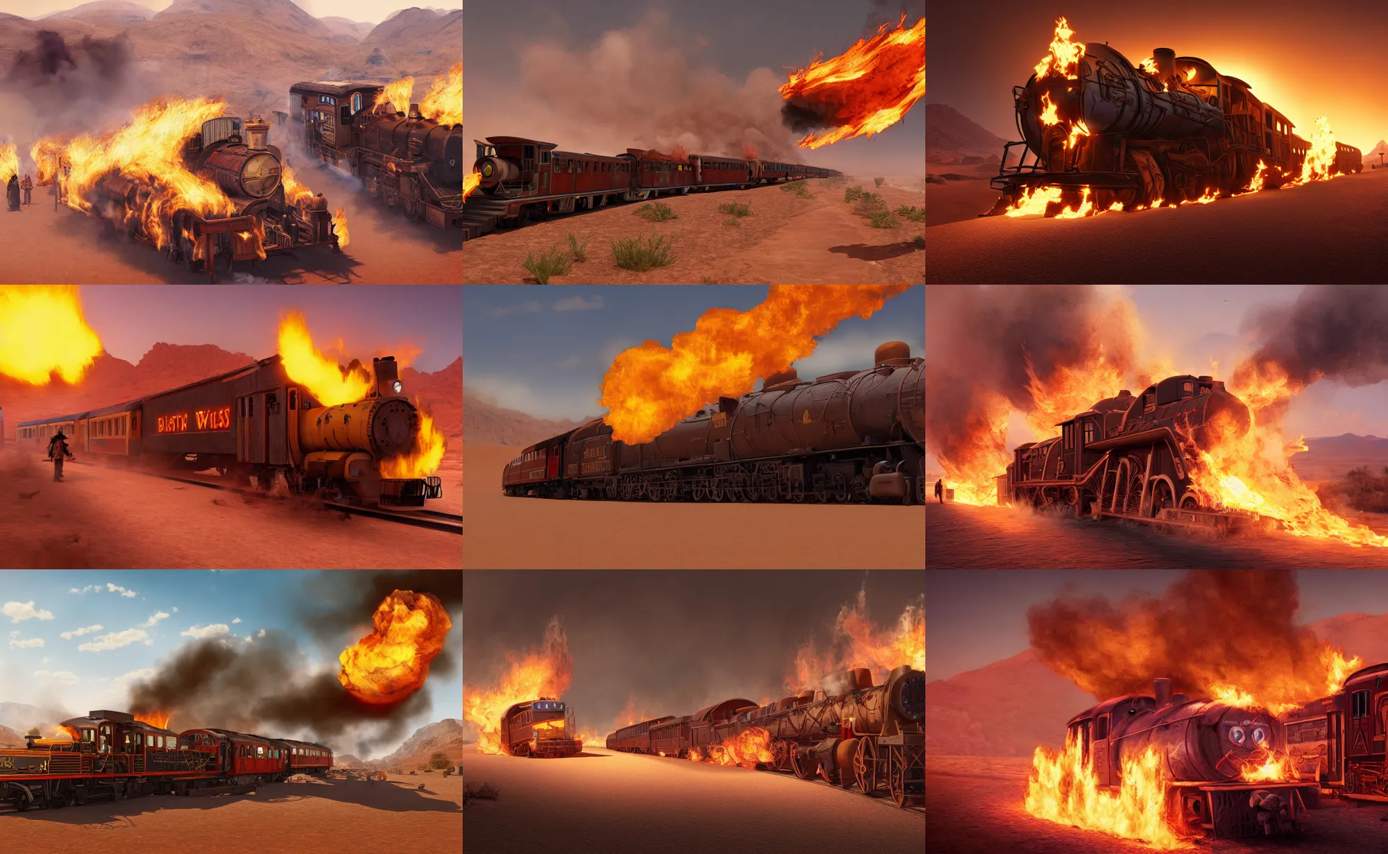 Prompt: digital oil painting of a wild west train on fire in the desert being robbed by bandits, highly realistic unreal engine 5, trending on artstation