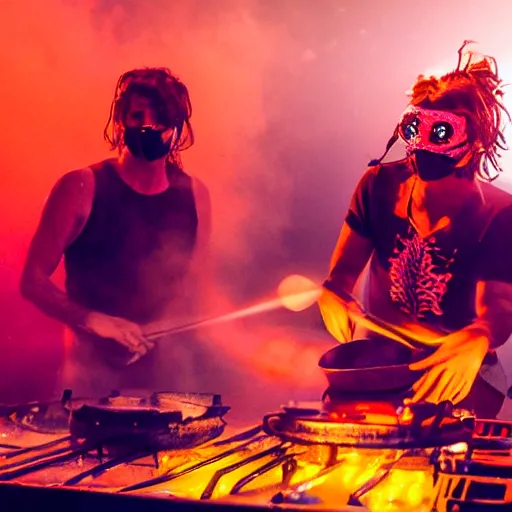 Image similar to scandy and arender, cooking it up, hot hot hot, splash, ahhhhhhh, roomies, bohemian digitals, playing a live gig at ozora festival, night time, colored lights, stroboscope, fog machine, no faces visible, with masks, huge crowd, ecstatic, photorealistic photography