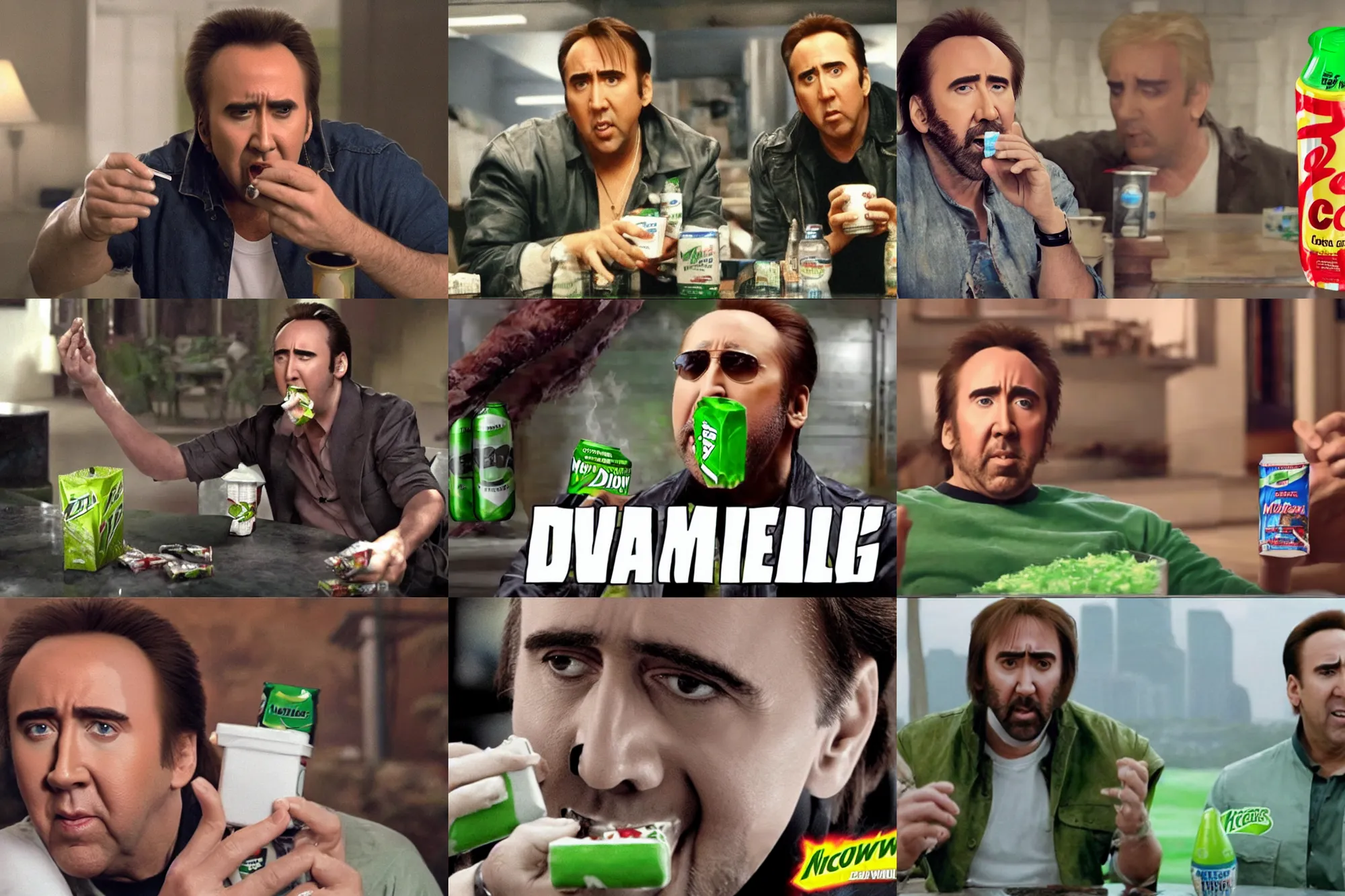 Prompt: nicolas cage eating mountain dew cubes, commercial advertisement