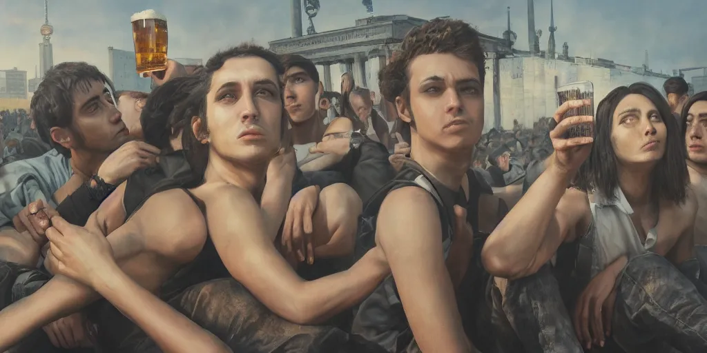 Prompt: beautiful oil matte portrait painting, 8 0 s punks sitting on top of the berlin wall drinking beer, wonderful masterpiece highly detailed, beautiful cinematic light deep focus, elegant, digital painting, smooth, sharp focus, golden ratio, dramatic illumination, ultra realistic, 8 k, art by jimmy law