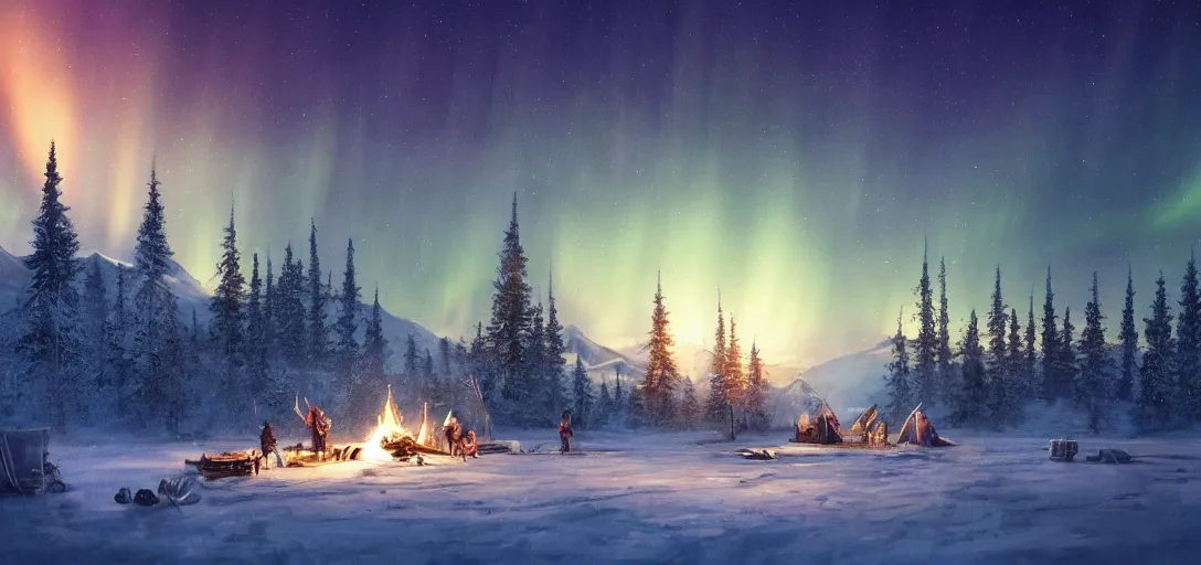 Prompt: beautiful render of a fall landscape, unreal engine, night, majestic snowy mountains, dramatic aurora borealis, stars, teepee, village, campfire, hunters, soft light, by greg rutkowski, cgsociety