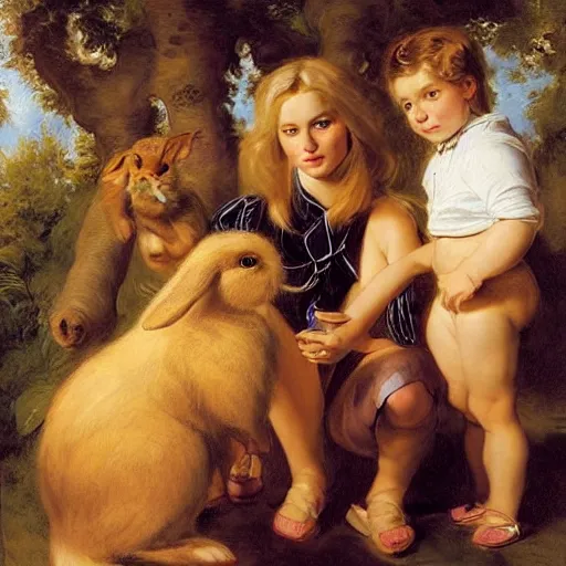 Prompt: a beautiful portrait of a family of bunnies with long golden blond hair gazing warmly at the viewer, golden hour, by J.C Leyendecker and Peter Paul Rubens