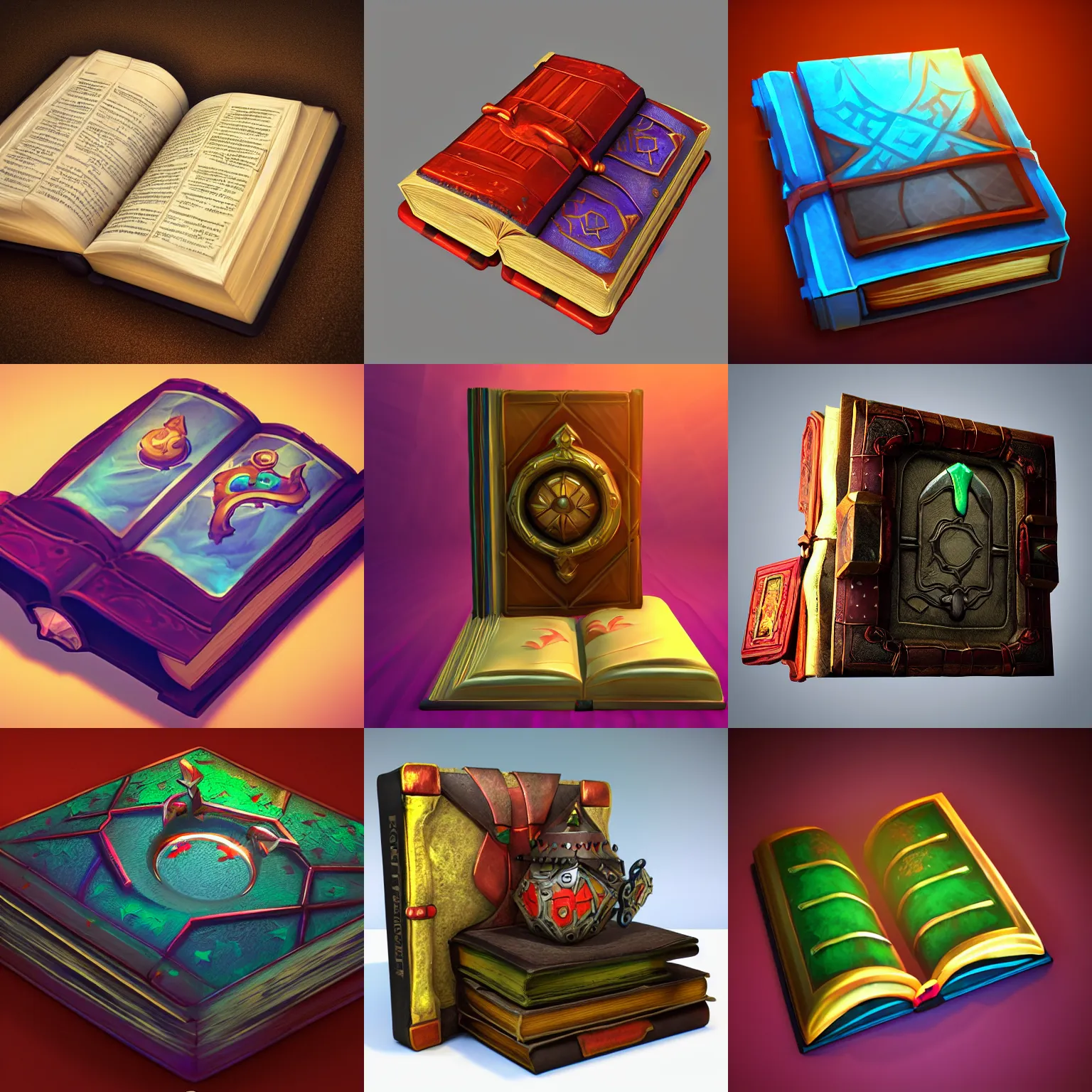 Prompt: a mobile game icon of a magic book, 3d render, high quality, artstation, bright and colorful, highly detailed