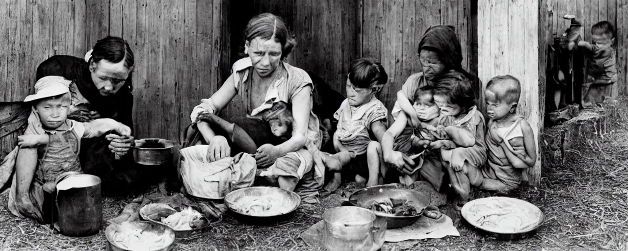 Prompt: dorothea lange's photograph of a struggling mother with her children feeding spaghetti in 1 9 3 6, rural, in the style of diane arbus, canon 5 0 mm, kodachrome, retro