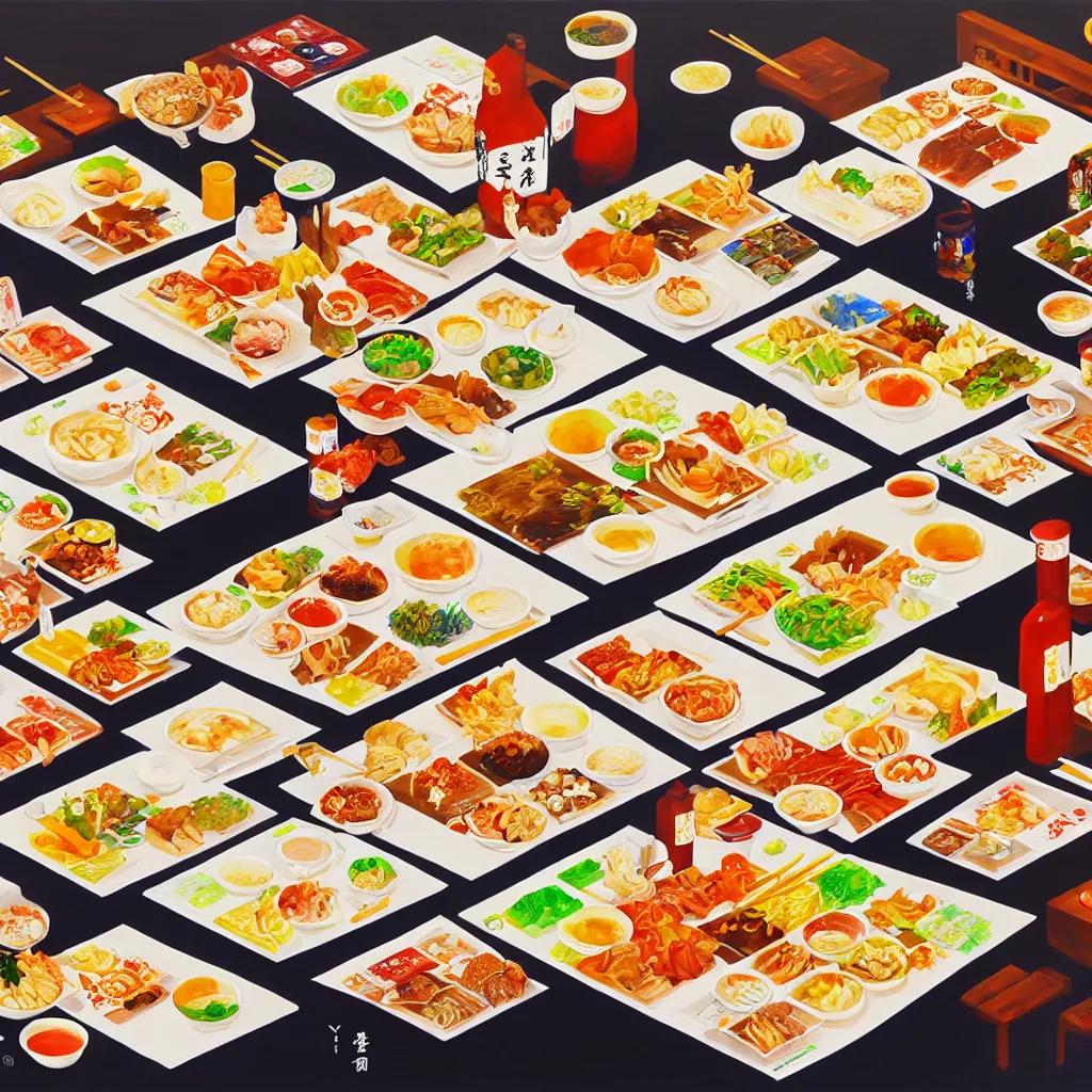 Image similar to a painting of a table full of japanese foods, concept art by taro yamamoto, pixiv contest winner, auto - destructive art, official art, concept art, pixiv